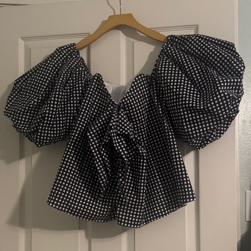 Caroline Constas Gingham Puff Sleeve Blouse
